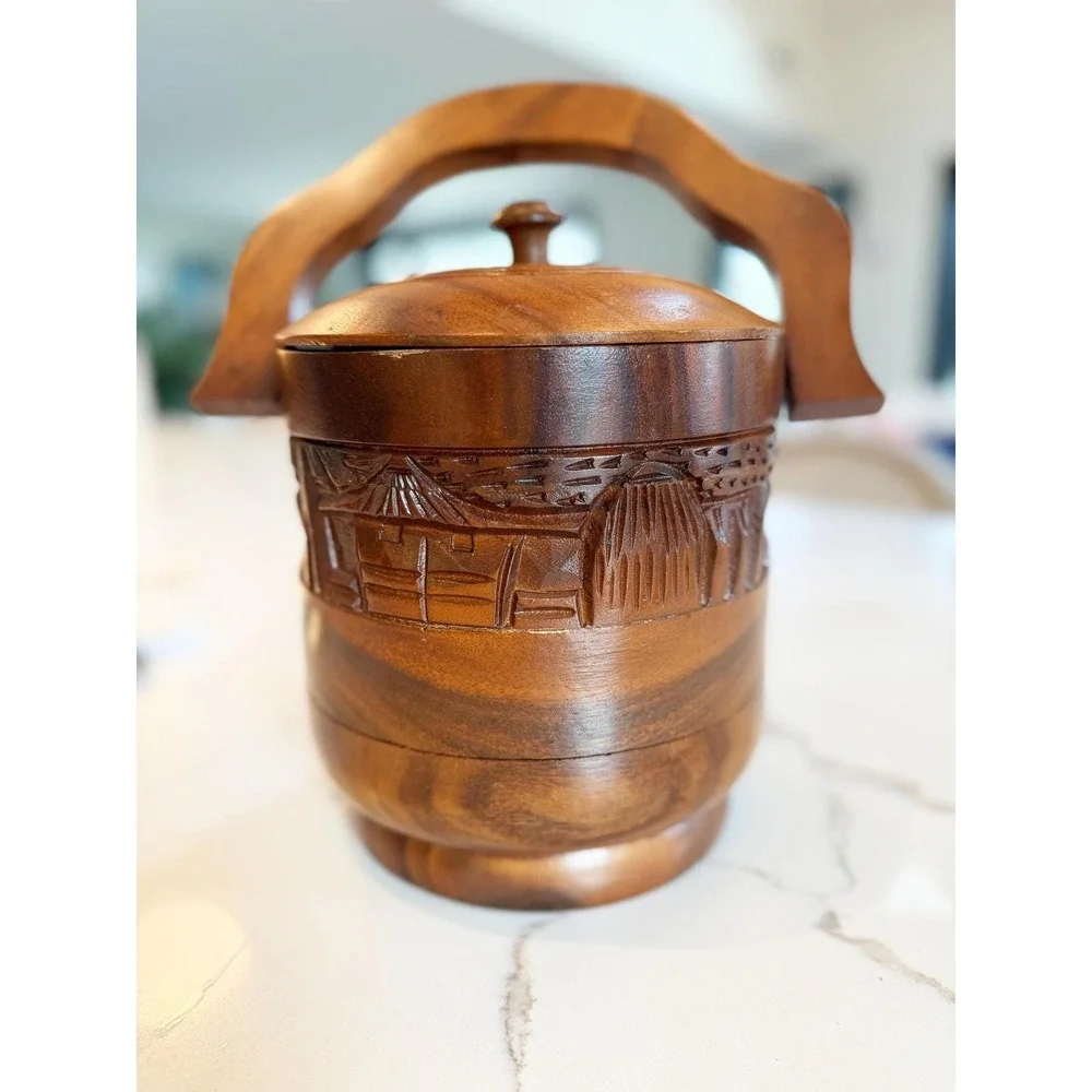 Hand Carved Wooden Tiki Bar Ice Bucket, Mid Century Barware, Polynesian Decor